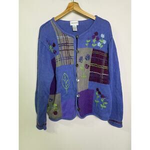 Napa Valley Patchwork Knit Cardigan XL Floral Embroidered Purple